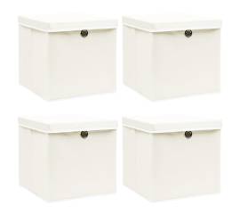 Cutii depozitare cu capace, 4 buc., alb, 32x32x32 cm, textil