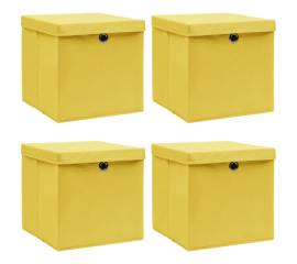 Cutii depozitare cu capace, 4 buc., galben, 32x32x32 cm, textil