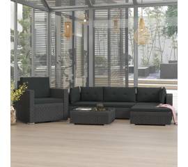 Set mobilier de grădină cu perne, 6 piese, negru, poliratan