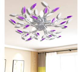 Plafoniera violet/albă brațe frunze cristal acrilic 5 becuri e14