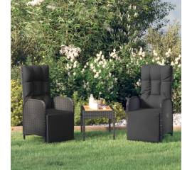 Set mobilier de grădină cu perne, 3 piese, negru, poliratan