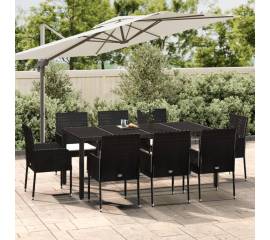 Set mobilier de grădină cu perne, 9 piese, negru, poliratan