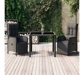 Set mobilier de grădină cu perne, 3 piese, negru, poliratan