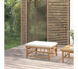 Taburet de grădină cu pernă alb crem, bambus