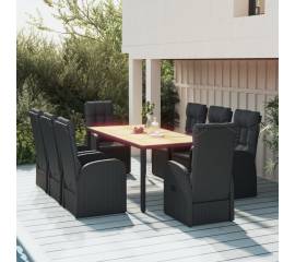 Set mobilier de grădină cu perne, 9 piese, negru, poliratan