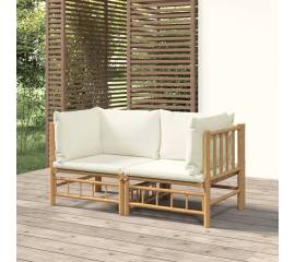 Canapele colțar grădină, 2 buc, cu perne alb crem, bambus