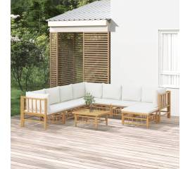 Set mobilier de grădină, cu perne alb crem, 9 piese, bambus
