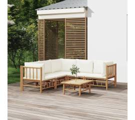 Set mobilier de grădină cu perne alb crem, 6 piese, bambus