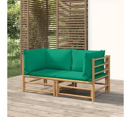 Canapele colțar de grădină, cu perne verzi, 2 buc., bambus