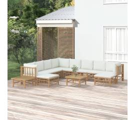 Set mobilier de grădină cu perne alb crem, 12 piese, bambus