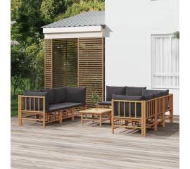 Set mobilier de grădină cu perne gri închis, 9 piese, bambus