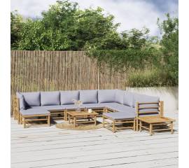 Set mobilier de grădină cu perne gri deschis, 12 piese, bambus