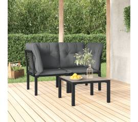 Set mobilier de grădină cu perne, 3 piese, negru/gri, poliratan