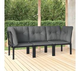 Set mobilier de grădină cu perne, 3 piese, negru/gri, poliratan