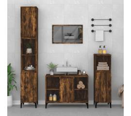 Set mobilier de baie, 3 piese, stejar fumuriu, lemn prelucrat