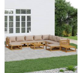 Set mobilier de grădină cu perne gri taupe 12 piese, lemn masiv