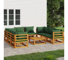 Set mobilier de grădină cu perne verzi, 9 piese, lemn masiv