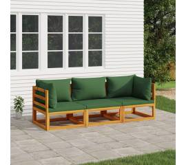 Set mobilier de grădină cu perne verzi, 3 piese, lemn masiv