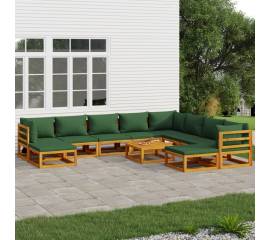 Set mobilier grădină cu perne verzi, 11 piese, lemn masiv pin