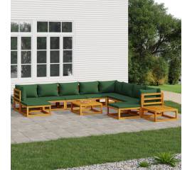 Set mobilier de grădină cu perne verzi, 12 piese, lemn masiv