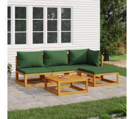 Set mobilier de grădină cu perne verzi, 5 piese, lemn masiv