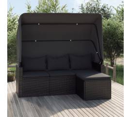 Canapea grădină 3 locuri cu acoperiș și taburet negru poliratan