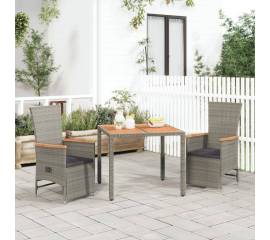 Set mobilier de grădină cu perne, 3 piese, gri, poliratan
