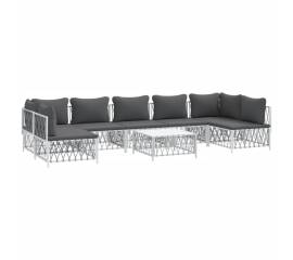 Set mobilier de grădină, 8 piese, cu perne, alb, oțel