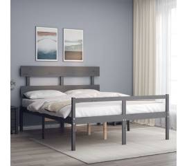 Cadru de pat cu tăblie, gri, lemn masiv, 5ft king