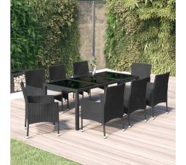 Set mobilier de grădină cu perne, 9 piese, negru, poliratan