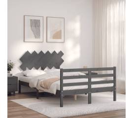 Cadru de pat cu tăblie, gri, lemn masiv, dublu 4ft6
