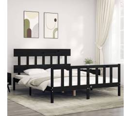 Cadru de pat cu tăblie, negru, lemn masiv, king size 5ft