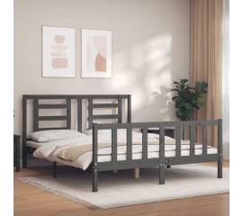 Cadru de pat cu tăblie, gri, lemn masiv, king size 5ft