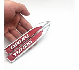 Set 2 embleme auto metalice TURBO, reliefate 3D, dimensiune 14.6 x 1,8 cm