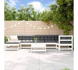 Set mobilier de grădină cu perne, 8 piese, alb, lemn masiv