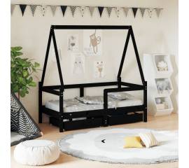 Cadru de pat copii cu sertare, negru, 70x140 cm, lemn masiv pin