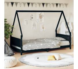 Cadru pat pentru copii, negru, 90x200 cm, lemn masiv de pin