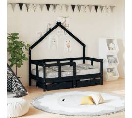 Cadru de pat copii cu sertare, negru, 70x140 cm, lemn masiv pin