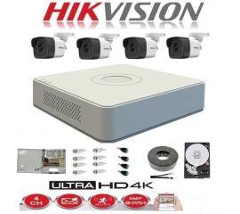 Kit complet 4 camere supraveghere exterior 5mp turbohd hikvision ir 20m dvr 4 canale sursa alimentare accesorii + hard 1tb