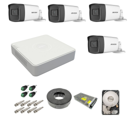 Kit complet 4 camere supraveghere exterior 5mp turbohd hikvision ir 40m dvr 4 canale sursa alimentare accesorii  hard 1tb