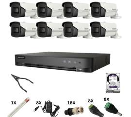 Kit de supraveghere hikvision cu 8 camere, 8 megapixeli, infrarosu 60m, dvr 8 canale 8 megapixeli, hard, accesorii