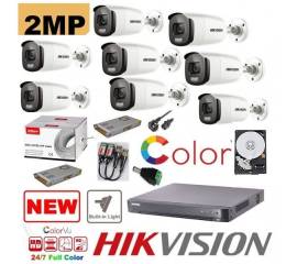 Kit supraveghere 8 camere profesional hikvision  2mp color vu cu ir 40m (color noapte ) , accesorii incluse, hdd 2tb
