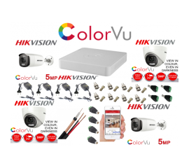 Kit supraveghere profesional mixt hikvision color vu 4 camere 5mp ir40m si ir20m , full accesorii