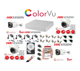 Kit supraveghere profesional mixt hikvision color vu 4 camere 5mp ir40m si ir20m dvr 4 canale full accesorii si hdd 1tb