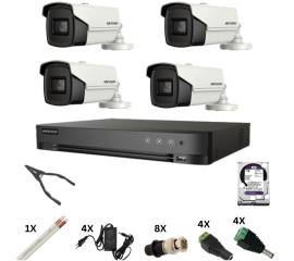 Sistem de supraveghere hikvision cu 4 camere 8 megapixeli, infrarosu 60m, dvr 4 canale 8 megapixeli, hard, accesorii