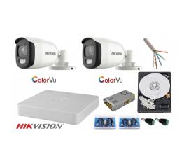 Sistem supraveghere hikvision 2 camere 2mp ultra hd color vu full time ( color noaptea ) dvr 4 canale, accesorii