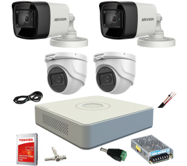 Sistem supraveghere mixt complet hikvision 4 camere turbo hd 5 mp 20 m ir si 80 ir dvr 4 canale cu toate accesoriile cadou hdd 1tb