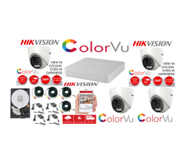 Sistem supraveghere profesional  hikvision color vu 4 camere 5mp ir20m, dvr 4 canale, full accesorii si hdd