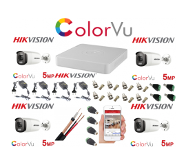 Sistem supraveghere profesional hikvision color vu 4 camere 5mp ir40m, ip67 dvr 4 canale 8 mp accesorii incluse