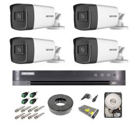 Sistem supraveghere video exterior complet hikvision 4 camere turbo hd 5 mp 80 m ir cu toate accesoriile, hdd 1tb
